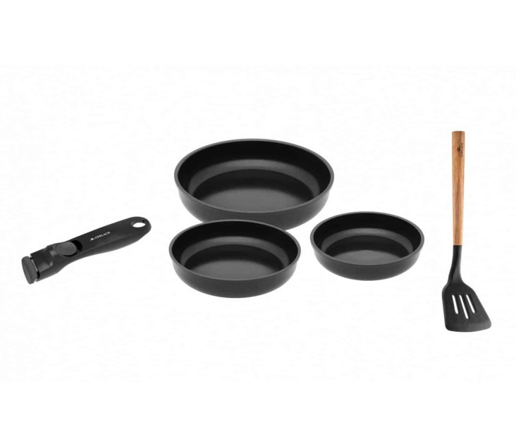 Zestaw patelni SMART 20/24/28 cm + rączka + łopatka z otworami