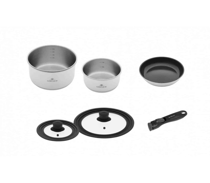 Zestaw garnków 16/20 cm SMART STEEL + rączka + patelnia 24 cm + 2x pokrywki