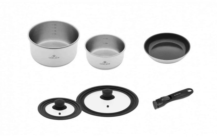 Zestaw garnków 16/20 cm SMART STEEL + rączka + patelnia 24 cm + 2x pokrywki