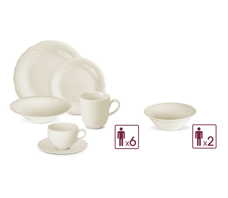 Serwis porcelanowy CELESTIA 38el. na 6os.: talerze obiadowe 18el.+ filiżanka ze spodkiem 12el. + kubek + salaterka