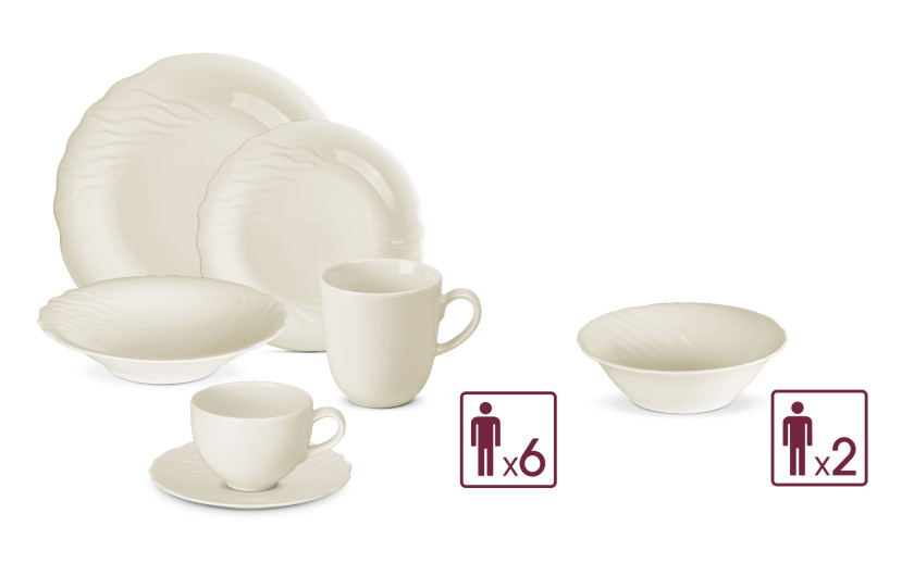 Serwis porcelanowy CELESTIA 38el. na 6os.: talerze obiadowe 18el.+ filiżanka ze spodkiem 12el. + kubek + salaterka