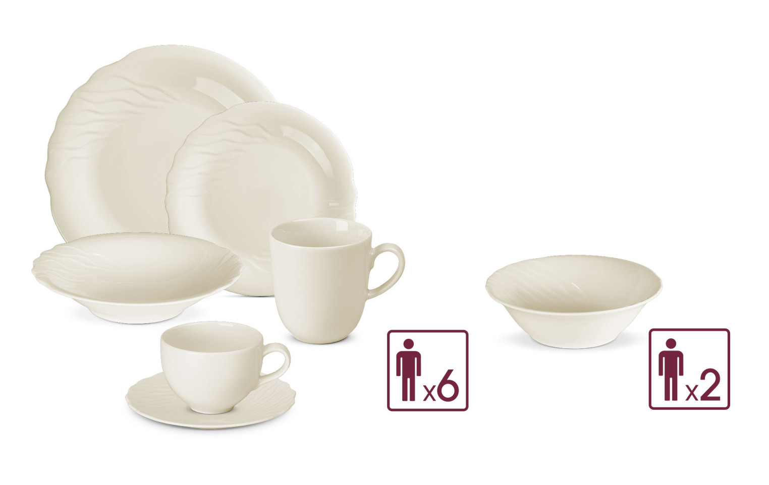 Serwis porcelanowy CELESTIA 38el. na 6os.: talerze obiadowe 18el.+ filiżanka ze spodkiem 12el. + kubek + salaterka