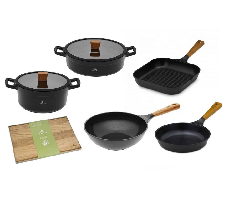 Garnek 24/28 cm + patelnia 24 cm + patelnia grillowa 28 cm + patelnia WOK + deska NATUR