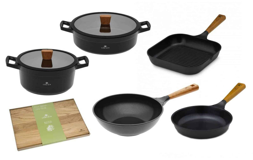 Garnek 24/28 cm + patelnia 24 cm + patelnia grillowa 28 cm + patelnia WOK + deska NATUR