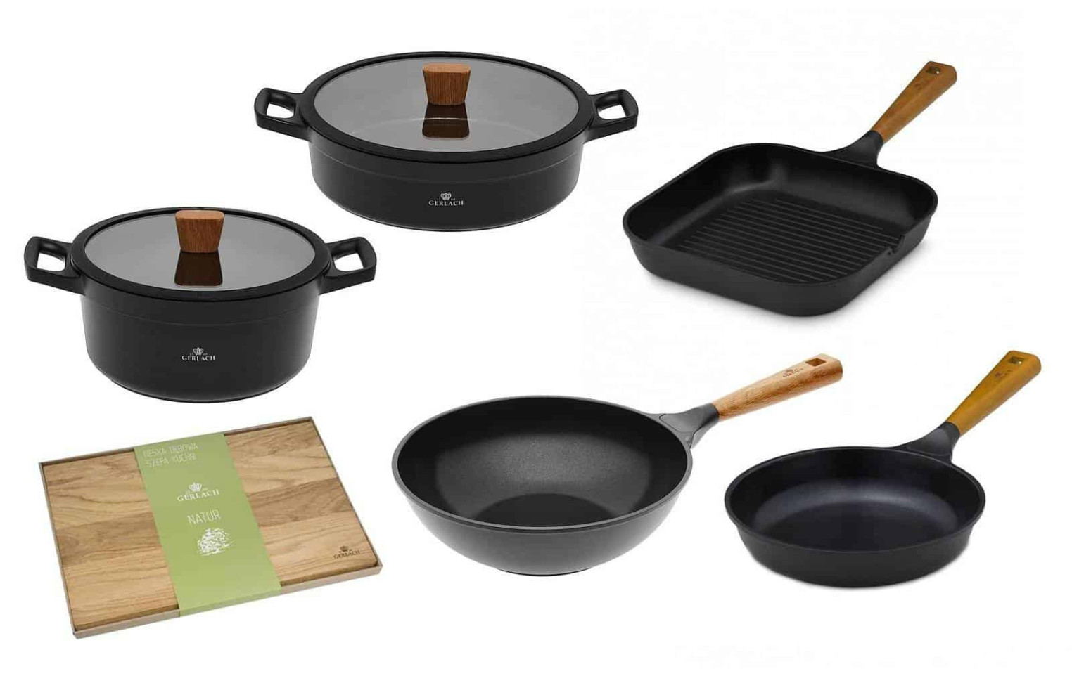 Garnek 24/28 cm + patelnia 24 cm + patelnia grillowa 28 cm + patelnia WOK + deska NATUR