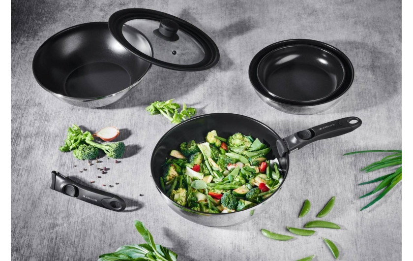 Zestaw naczyń SMART STEEL: garnki 18/20 (2,0 i 2,5l) + patelnia wok 28 + rączka + pokrywka (16/18/20)