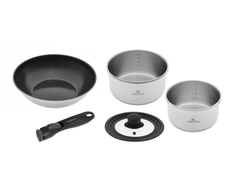 Zestaw naczyń SMART STEEL: garnki 18/20 (2,0 i 2,5l) + patelnia wok 28 + rączka + pokrywka (16/18/20)