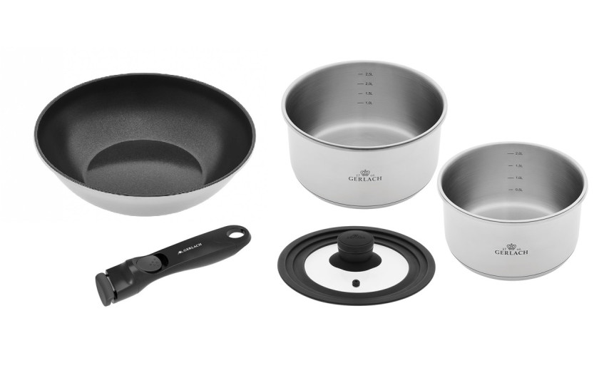 Zestaw naczyń SMART STEEL: garnki 18/20 (2,0 i 2,5l) + patelnia wok 28 + rączka + pokrywka (16/18/20)