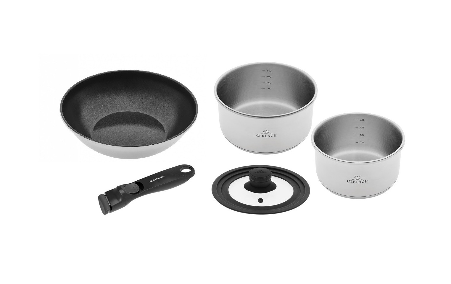 Zestaw naczyń SMART STEEL: garnki 18/20 (2,0 i 2,5l) + patelnia wok 28 + rączka + pokrywka (16/18/20)