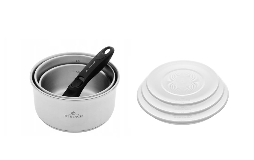 Zestaw garnków 4 el.  SMART STEEL + SMART pokrywki do przechowywania 16cm, 18cm, 20cm - białe