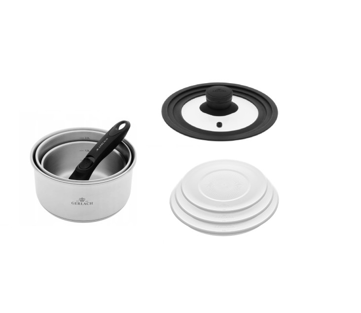 Zestaw garnków 4 el.  SMART STEEL + SMART pokrywka uniwersalna 16cm, 18cm, 20cm + pokrywki do przechowywania 3el. - białe