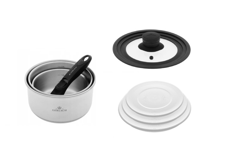 Zestaw garnków 4 el.  SMART STEEL + SMART pokrywka uniwersalna 16cm, 18cm, 20cm + pokrywki do przechowywania 3el. - białe