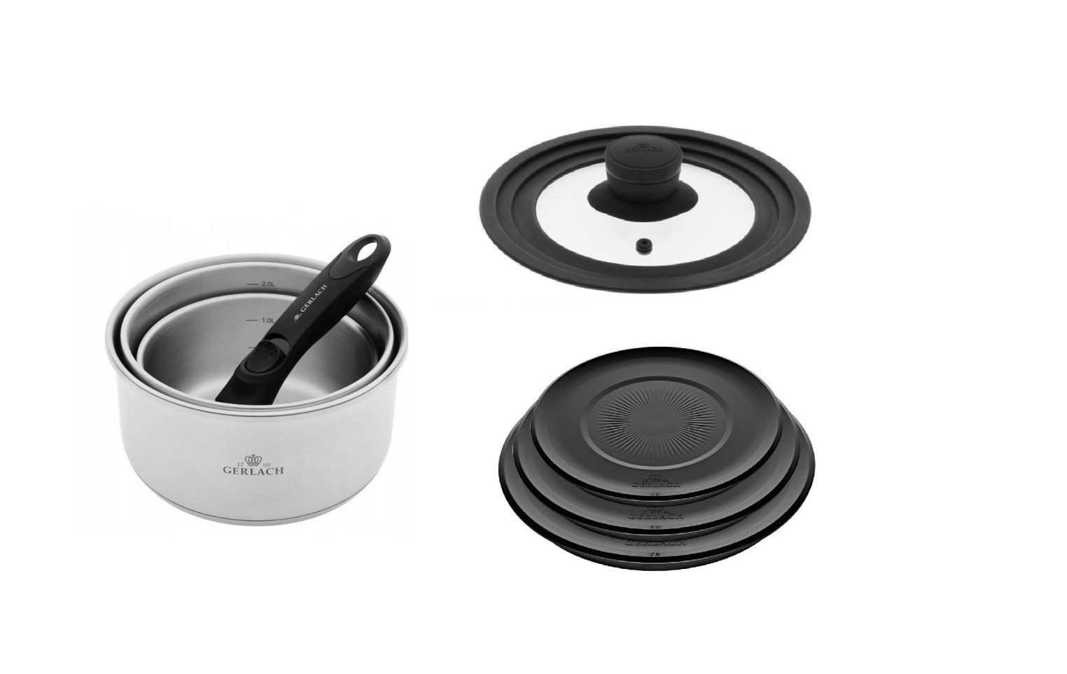 Zestaw garnków 4 el. SMART STEEL + SMART pokrywka uniwersalna 16cm, 18cm, 20cm + pokrywki do przechowywania 3el. - czarne