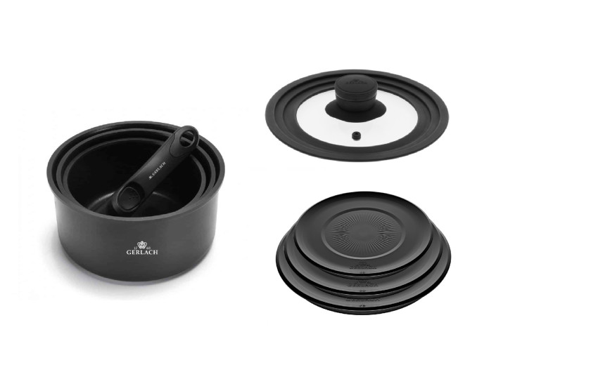 Zestaw garnków 4 el. SMART + SMART pokrywka uniwersalna 16cm, 18cm, 20cm + pokrywki do przechowywania 3el. - czarne