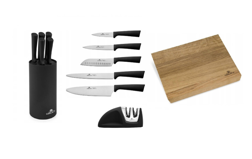 Zestaw noży w bloku SMART BLACK + SMART Ostrzałka Mini + Deska do krojenia dębowa NATUR 30x24 cm