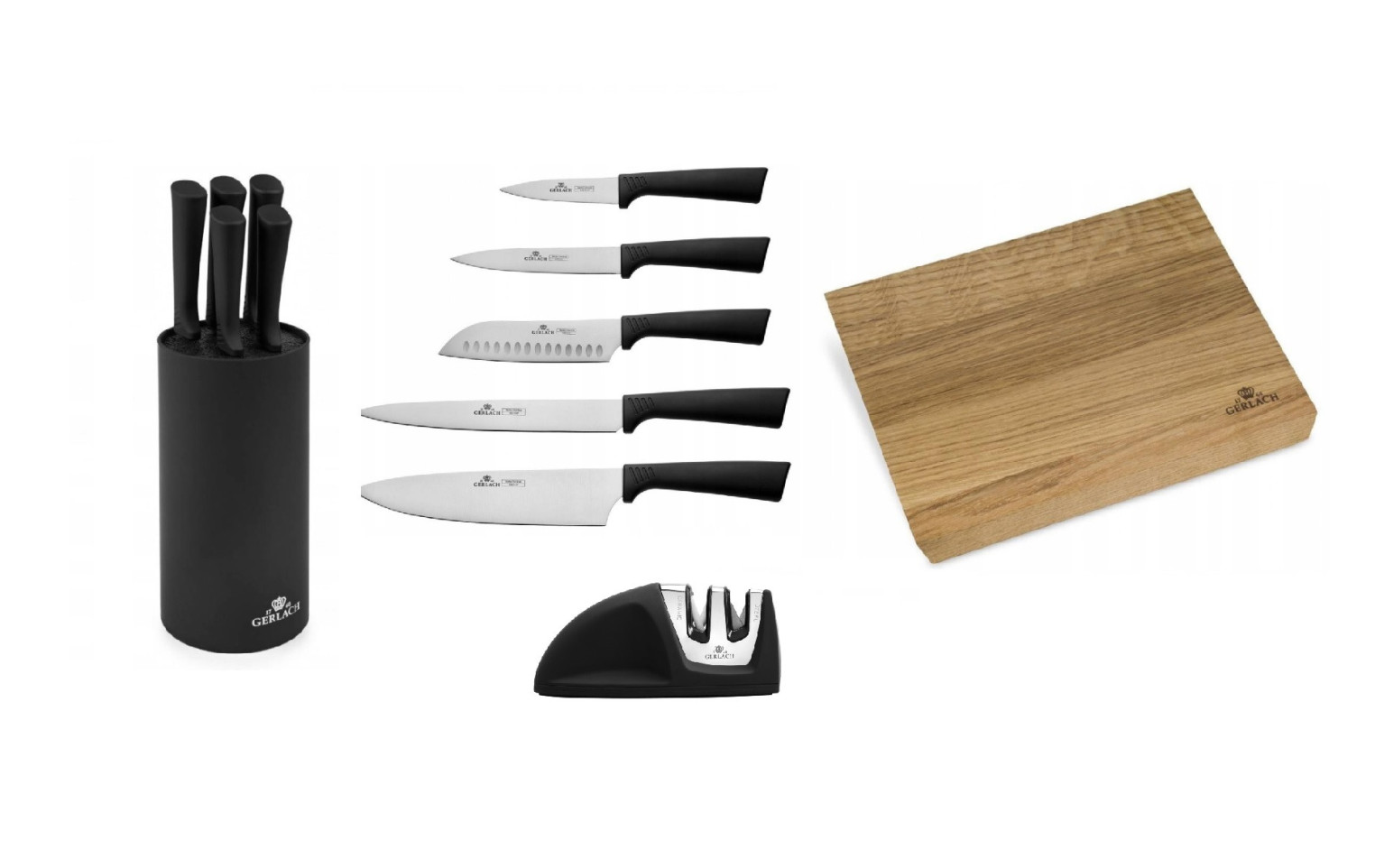 Zestaw noży w bloku SMART BLACK + SMART Ostrzałka Mini + Deska do krojenia dębowa NATUR 30x24 cm