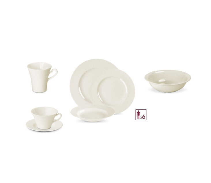 Serwis porcelanowy MUZA 38el. na 6os.: talerze obiadowe 18el.+ filiżanka ze spodkiem 12el. + kubek + salaterka