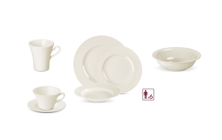 Serwis porcelanowy MUZA 38el. na 6os.: talerze obiadowe 18el.+ filiżanka ze spodkiem 12el. + kubek + salaterka