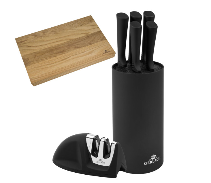 Zestaw noży w bloku SMART BLACK + SMART Ostrzałka Mini + Deska do krojenia dębowa NATUR 30x24 cm