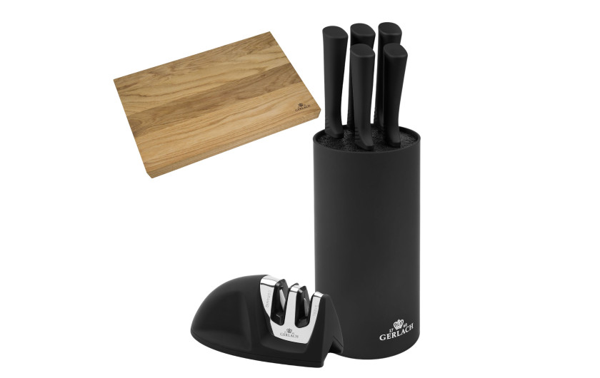 Zestaw noży w bloku SMART BLACK + SMART Ostrzałka Mini + Deska do krojenia dębowa NATUR 30x24 cm