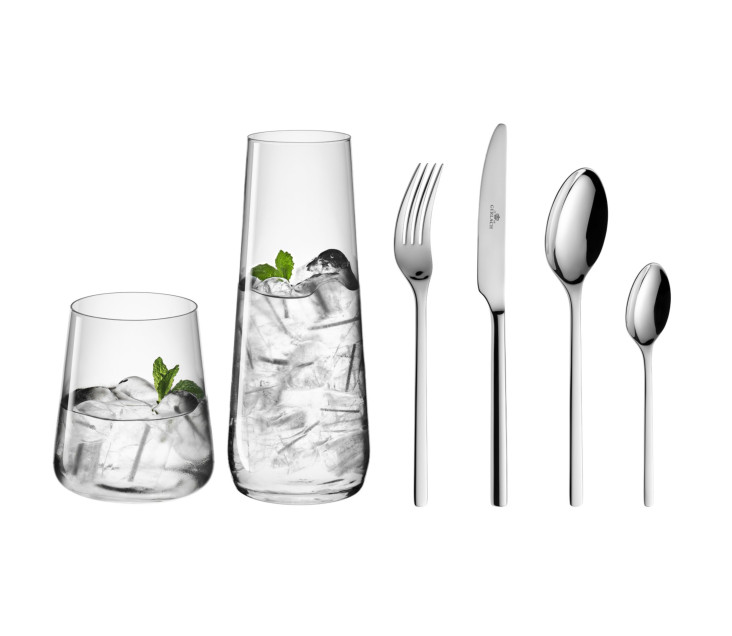 MODERN zestaw szklanek + karafka + zestaw sztućców 6os.