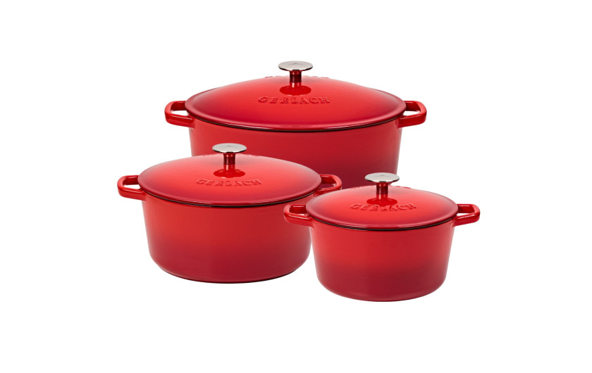NATUR IRON zestaw czerwony gradient 3el.: Brytfanna żeliwna 5,5l + Garnek żeliwny 3l + Garnek żeliwny 5l