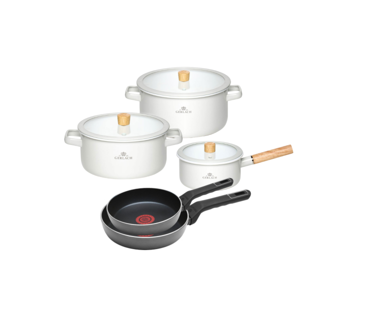 Zestaw garnków 6 el. Natur Enamel białe + 2x patelnia Ambiente Thermocoat 24/28 cm