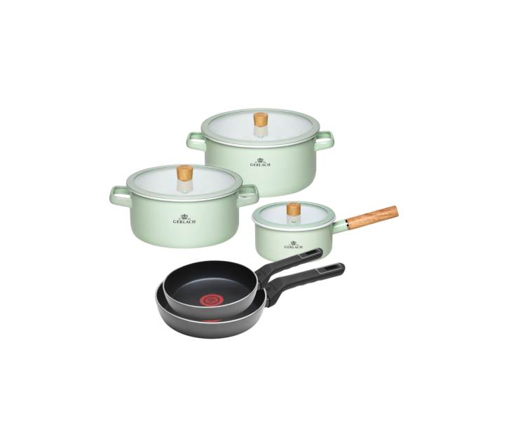 Zestaw garnków 6 el. Natur Enamel pastelowozielone + 2x patelnia Ambiente Thermocoat 24/28 cm