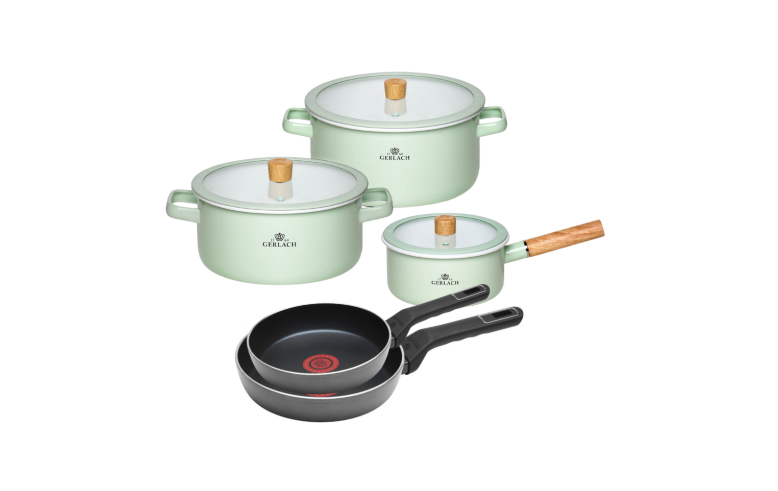 Zestaw garnków 6 el. Natur Enamel pastelowozielone + 2x patelnia Ambiente Thermocoat 24/28 cm