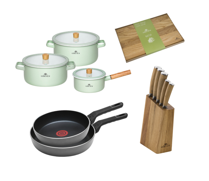 Zestaw kuchenny NATUR pastelowozielony + Zestaw 2x patelnia AMBIENTE THERMOCOAT 24/28 cm