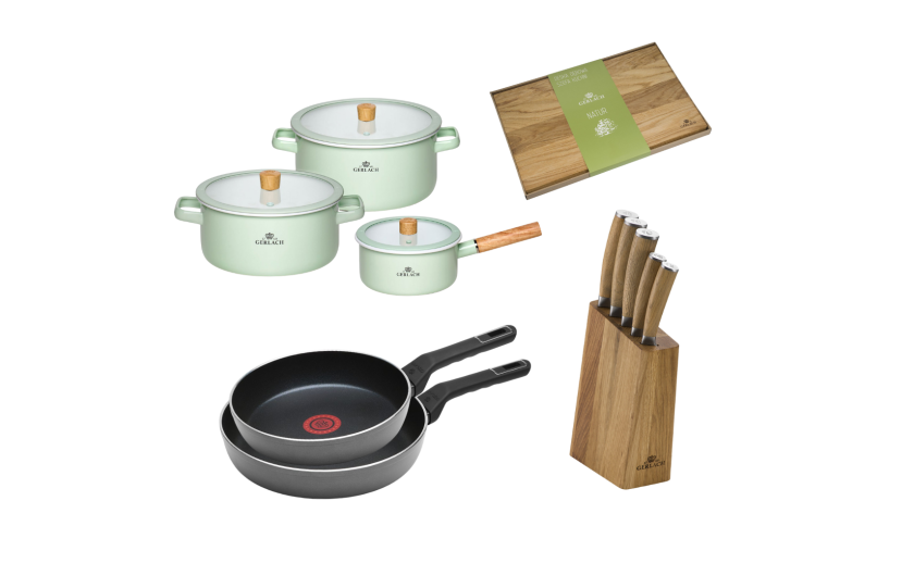 Zestaw kuchenny NATUR pastelowozielony + Zestaw 2x patelnia AMBIENTE THERMOCOAT 24/28 cm