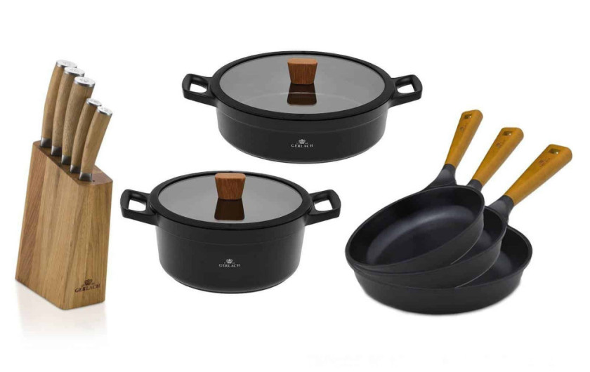Zestaw noży w bloku + 2x garnek 24/28 cm + 3x patelnia 20/24/28cm NATUR