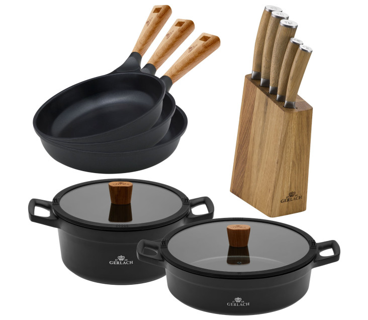 Zestaw noży w bloku + 2x garnek 24/28 cm + 3x patelnia 20/24/28cm NATUR