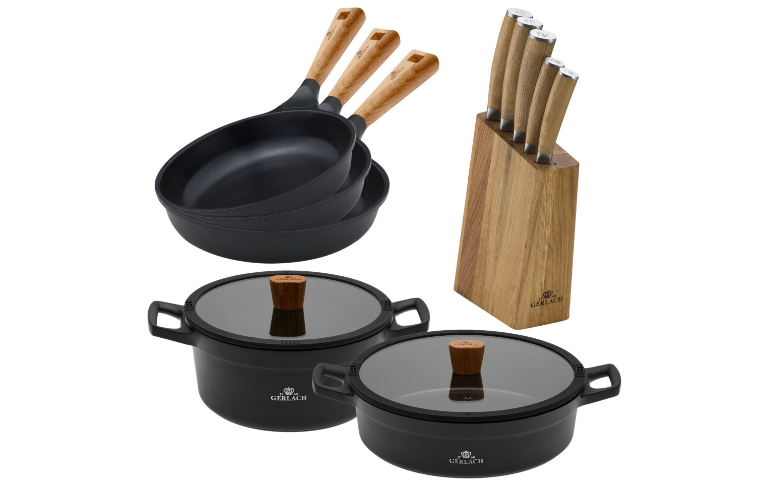 Zestaw noży w bloku + 2x garnek 24/28 cm + 3x patelnia 20/24/28cm NATUR
