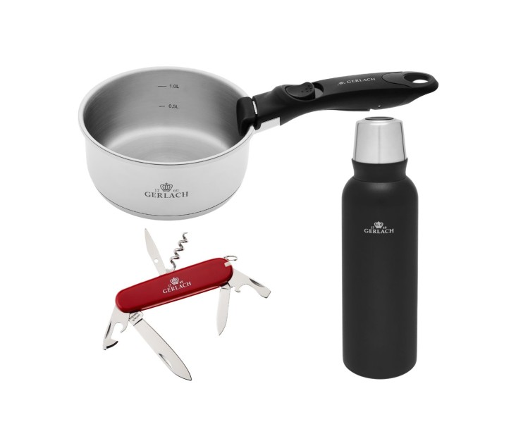 Zestaw outdoor termos 1.0l + scyzoryk 12 funkcyjny ASSIST + garnek stalowy 16 cm + odczepiana rączka w blistrze SMART STEEL