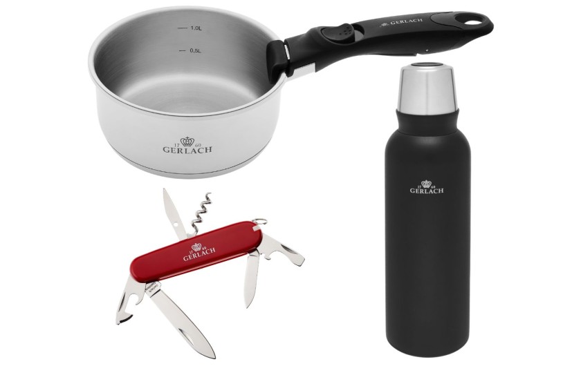 Zestaw outdoor termos 1.0l + scyzoryk 12 funkcyjny ASSIST + garnek stalowy 16 cm + odczepiana rączka w blistrze SMART STEEL