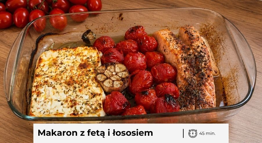 Makaron z fetą i łososiem – szybkie zapiekane danie